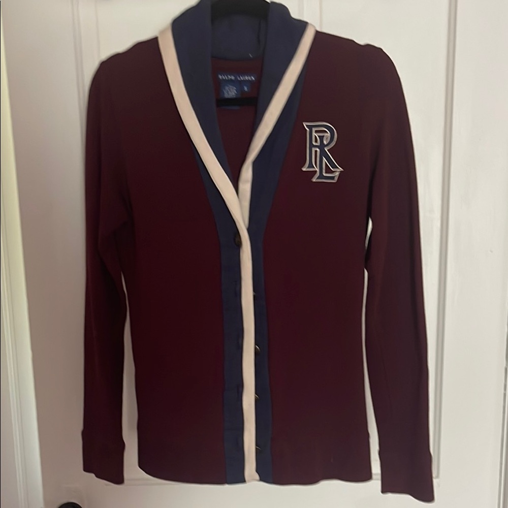 Ralph Lauren Women's Maroon and Navy Cardigan